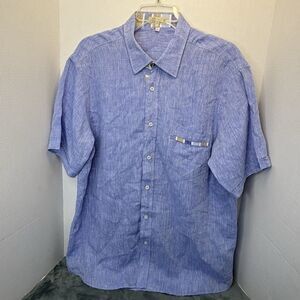 Vanity Men’s 100% Linen Button Down Short Sleeve Shirt XL Blue Made In Italy
